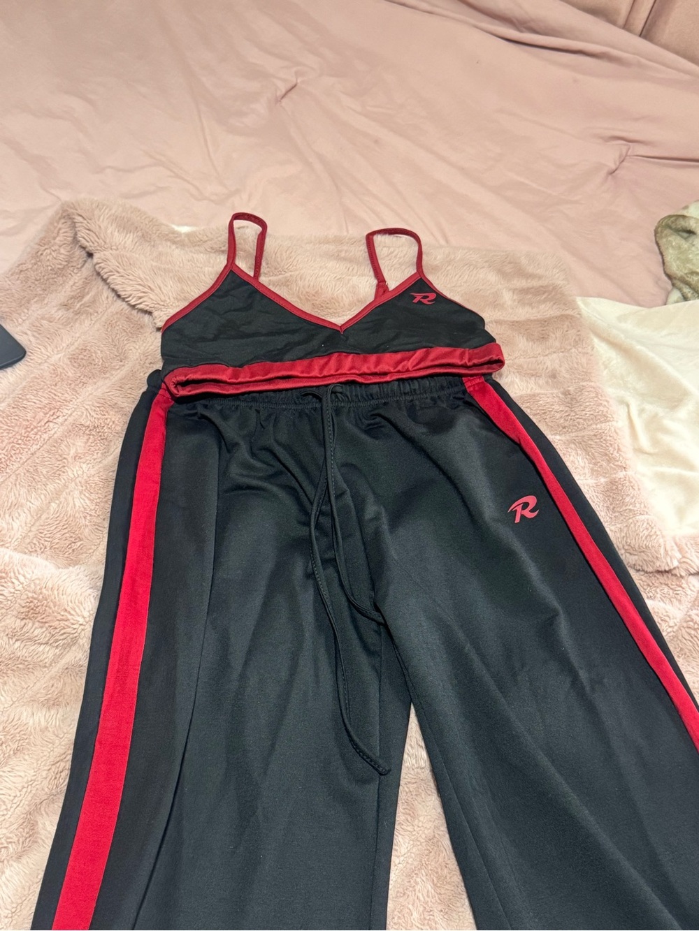 SHEIN Black and Red Wide-Leg Track Pants & Crop Top Set